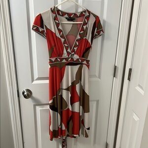 BCBGMaxAzria Red and White Fit and Flare Midi Dress